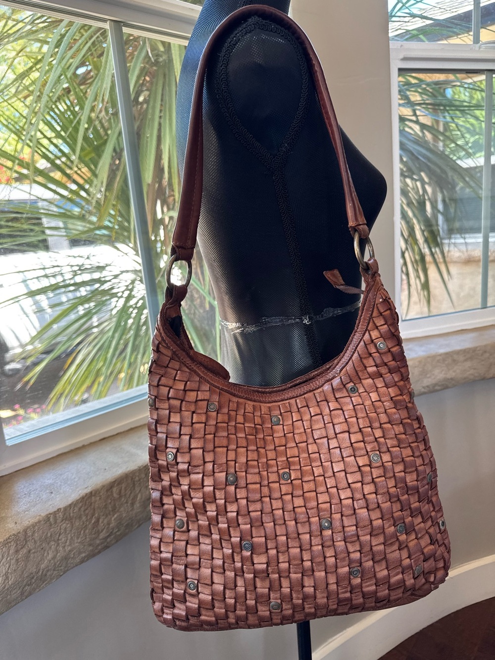 Harbour 2nd Tuula Woven Leather Riveted Distressed Hobo Shoulder Bag Purse - Picture 2 of 13